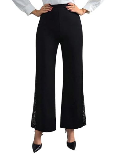 SOLY HUX Damen Hosen Elegant Palazzohose mit Mesh Hohe Taille Freizeithose Glitzer Weite Hosen Elastischem Bund Festlich Business Outfit Schwarz S von SOLY HUX