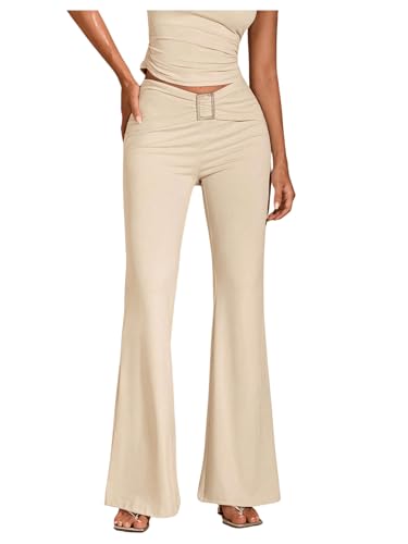 SOLY HUX Damen Hosen Elegant Schlaghose Lange Freizeithose V Taille Hose mit Schnallen Office Casual Hose Hohe Taille Hosen Aprikosenfarben L von SOLY HUX