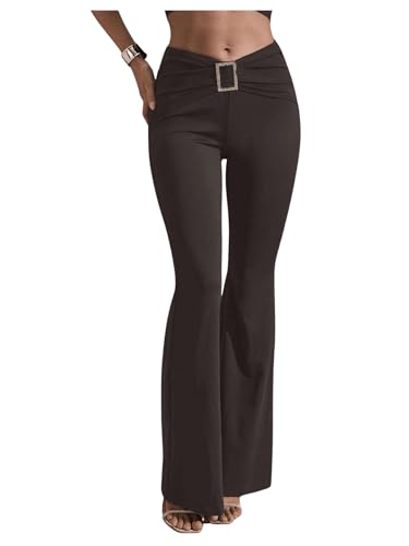 SOLY HUX Damen Hosen Elegant Schlaghose Lange Freizeithose V Taille Hose mit Schnallen Office Casual Hose Hohe Taille Hosen Kaffeebraun L von SOLY HUX