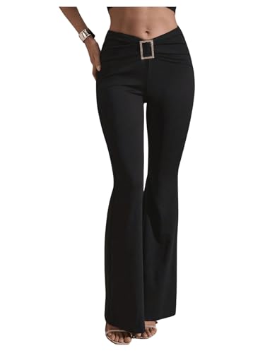 SOLY HUX Damen Hosen Elegant Schlaghose Lange Freizeithose V Taille Hose mit Schnallen Office Casual Hose Hohe Taille Hosen Schwarz S von SOLY HUX