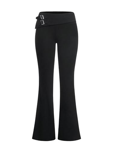 SOLY HUX Damen Hosen Elegant Schlaghose Lange Schlagleggings Freizeithose Ultraniedriger Bund Hose Office Casual Hose Schwarz L von SOLY HUX