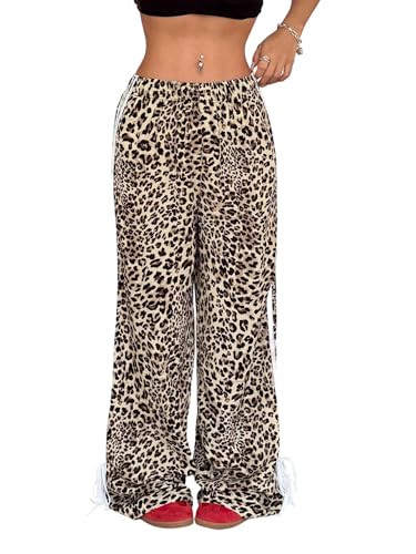 SOLY HUX Damen Hosen Lang Y2K Freizeithose Leoparden Sweathose Elastischer Taille Sporthose Casaulhose Locker Hosen Herbst Outfit Khaki L von SOLY HUX