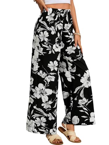 SOLY HUX Damen Hosen Lange Freizeithose Weite Beine Hose Lockerer Stoffhose Blumenmuster Sommerhose Hohe Taille Boho Casualhose Schwarz und Weiß S von SOLY HUX