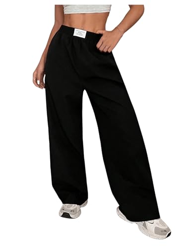 SOLY HUX Damen Hosen Lange Stoffhose Casualhose Locker Freizeithose mit Taschen Sweathose Palazzo Hose Beqeumehose Elastische Bund Schwarz M von SOLY HUX