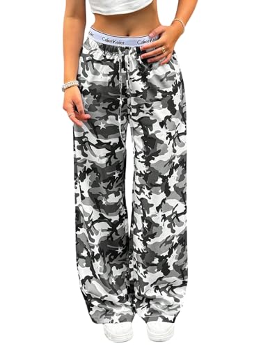SOLY HUX Damen Hosen Y2K Locke Freizeithose mit Camouflage Muster Sweatpants Elastischer Taille Sporthosen Breite Bein Casualhose Herbst Outfit Grau M von SOLY HUX