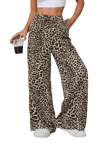 SOLY HUX Damen Hosen Y2K Weites Bein Freizeithose mit Leoprint Stoffhose mit Taschen Hohe Bund Geradehose Jogginghose Casualhose Herbst Outfit Leoparden M von SOLY HUX