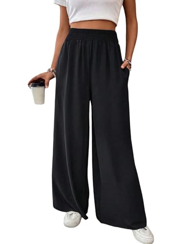 SOLY HUX Damen Hosen mit Weitem Bein Leicht Palazzo Hose Hohe Elastisch Bund Stoffhose Casual Beinhose Lässige Freizeithose Lange Hosen Schwarz S von SOLY HUX