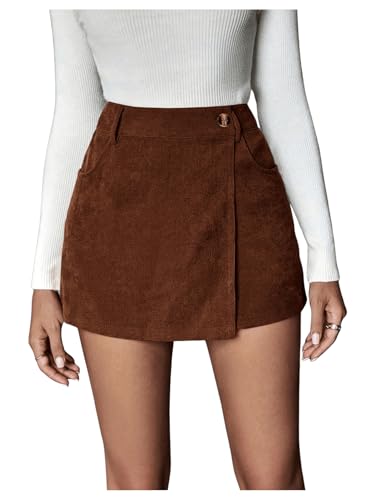 SOLY HUX Damen Hosenrock Mini Rock Cord A Linie Röcke Kurz Winter Cordrock Skort Hohe Taille Shorts Wickel Casualrock Partyrock Kaffeebraun S von SOLY HUX