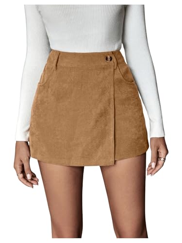 SOLY HUX Damen Hosenrock Mini Rock Cord A Linie Röcke Kurz Winter Cordrock Skort Hohe Taille Shorts Wickel Casualrock Partyrock Khaki XL von SOLY HUX
