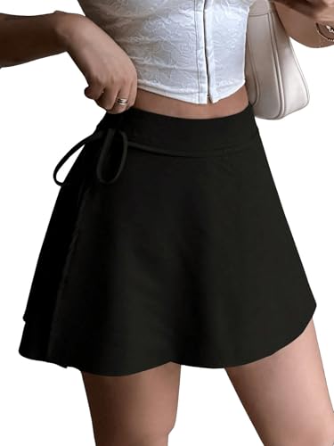 SOLY HUX Damen Hosenrock Y2K Mini Rock A Linie Culottes Sommer Röcke Shorts Office Casualrock Party Skort Hohe Taille Freizeitrock Tennisröcke mit Knoten Schwarz L von SOLY HUX