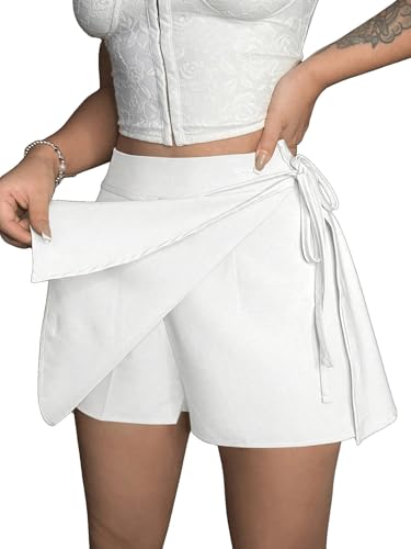 SOLY HUX Damen Hosenrock Y2K Mini Rock A Linie Culottes Sommer Röcke Shorts Office Casualrock Party Skort Hohe Taille Freizeitrock Tennisröcke mit Knoten Weiß L von SOLY HUX