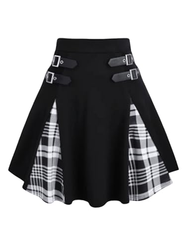 SOLY HUX Damen Kariert Rock Minirock Faltenröcke Hohe Taille Freizeitrock Tanzrock A-Linie Partyrock Casualrock Mini Rock Schwarz XXL von SOLY HUX