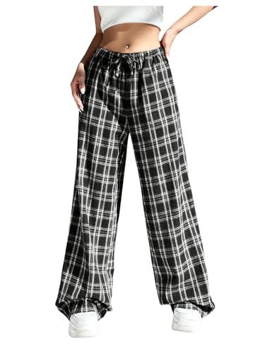SOLY HUX Damen Karierte Hose Breite Bein Freizeithose Sporthose Straighthose Herbst Stoffhose Palazzohose mit Kordelzug Schwarz L von SOLY HUX