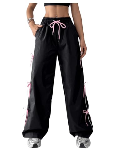 SOLY HUX Damen Lange Hose Cargohose Mode Sweathose mit Schleife Locker Freizeithose Sporthose Cargo Hosen mit Taschen Schwarz M von SOLY HUX