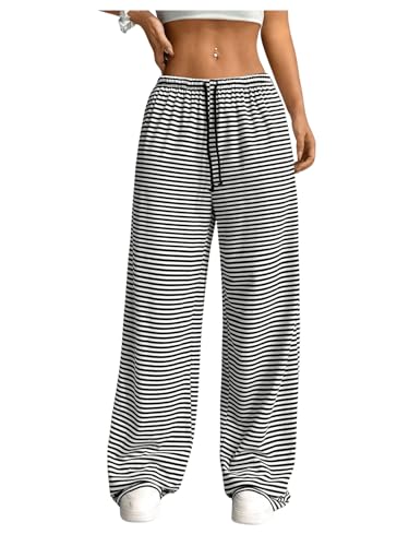 SOLY HUX Damen Lange Hose Gestreifte Hose Weite Beine Hosen Herbst Freizeithosen Sport Hose Jogginghose mit Tunnelzug Schwarz und Weiß S von SOLY HUX