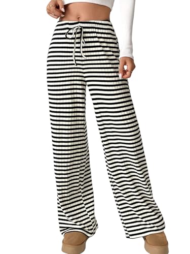 SOLY HUX Damen Lange Hose Gestreifte Jogginghose Weite Beine Hosen mit Kordelzug Herbst Freizeithosen Stoffhose Sporthose Elastische Bund Schwarz XS von SOLY HUX