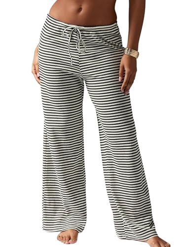 SOLY HUX Damen Lange Hose Streifen Freizeithose Weite Causalhose Elastische Taille Jogginghose mit Tunnelzug Leicht Stoffhose Herbst Outfit Schwarz und Weiß M von SOLY HUX