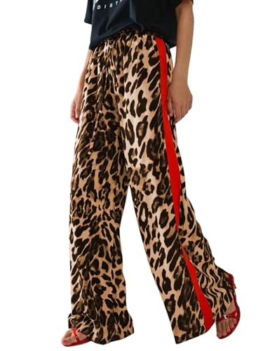 SOLY HUX Damen Leo Hose Y2K Palazzo Hose mit Leopardenmuster Weites Bein Freizeithose mit Taschen Hohe Taille Streatwear Casualhose Herbst Outfit Leoparden L von SOLY HUX