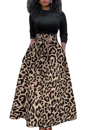 SOLY HUX Damen Leoparden Rock Elegant Freizeitrock Lang A Linie Maxirock Hohe Elastische Bund Partyrock Herbst Casualrock mit Knoten Khaki S von SOLY HUX