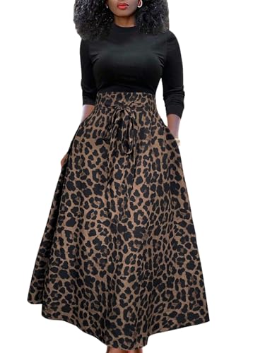 SOLY HUX Damen Leoparden Rock Elegant Freizeitrock Lang A Linie Maxirock Hohe Elastische Bund Partyrock Herbst Casualrock mit Knoten Leoparden M von SOLY HUX