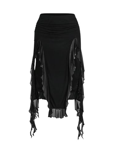 SOLY HUX Damen Midi Rock Y2K Asymmetrisch Mit Schlitz Mesh Partyoutfit Figurbetonend Rave Musikfestival Casualrock Schwarz M von SOLY HUX