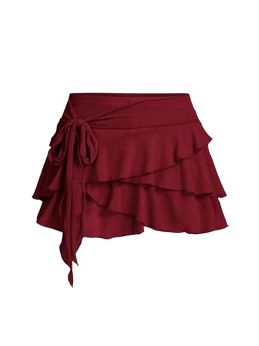 SOLY HUX Damen Mini Rock aus Mesh Rock Y2K Minirock Drop Waist Freizeitrock Mehrlagig Casual Röcke Partyrock mit Rüschen Faltenrock Bordeaux XS von SOLY HUX