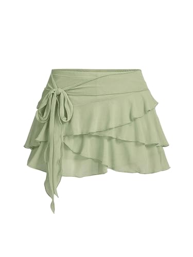 SOLY HUX Damen Mini Rock aus Mesh Rock Y2K Minirock Drop Waist Freizeitrock Mehrlagig Casual Röcke Partyrock mit Rüschen Faltenrock Minzgrün S von SOLY HUX