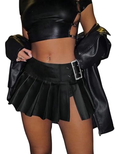 SOLY HUX Damen Minirock Y2K PU Leder Skater Röcke mit Schnalle Faltenrock A-Linie Plissierter Hosenrock Rave Partyrock Clubröcke Tanzrock Schwarz M von SOLY HUX