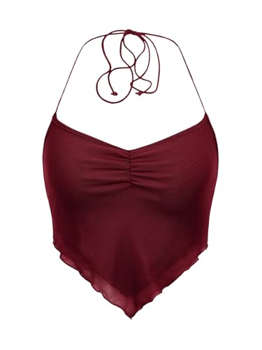 SOLY HUX Damen Neckholder Top Ärmellose Sommer Tops Mesh Y2K Crop Top Bauchfrei Oberteile Sommer Casualtop Partytop Bordeaux XS von SOLY HUX
