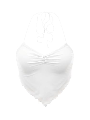 SOLY HUX Damen Neckholder Top Ärmellose Sommer Tops Mesh Y2K Crop Top Bauchfrei Oberteile Sommer Casualtop Partytop Weiß XS von SOLY HUX