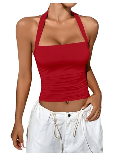 SOLY HUX Damen Neckholder Top Ärmellose Tops Schulterfrei Oberteile Y2K Sommer Crop Top Casualtop Sommershirt Rot M von SOLY HUX