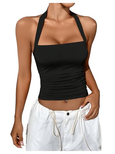 SOLY HUX Damen Neckholder Top Ärmellose Tops Schulterfrei Oberteile Y2K Sommer Crop Top Casualtop Sommershirt Schwarz M von SOLY HUX