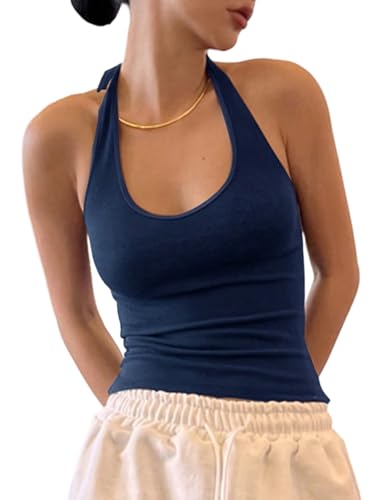 SOLY HUX Damen Neckholder Top Rückenfreies Sommertop U Ausschnitt Oberteile Ärmelloses Trägertop Schulterfreies Freizeittop Sommer Basic Crop-Top Dunkelblau S von SOLY HUX