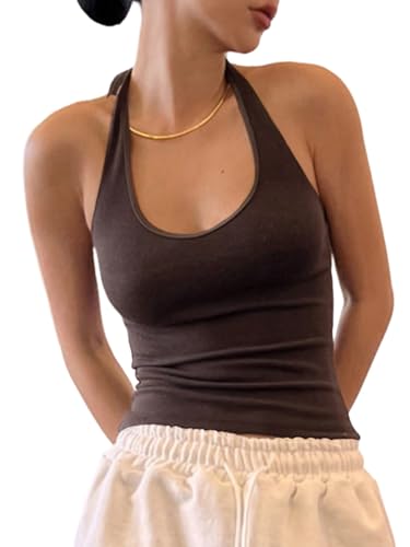 SOLY HUX Damen Neckholder Top Rückenfreies Sommertop U Ausschnitt Oberteile Ärmelloses Trägertop Schulterfreies Freizeittop Sommer Basic Crop-Top Kaffeebraun L von SOLY HUX