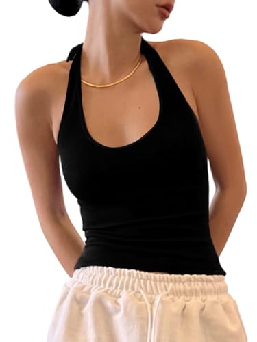 SOLY HUX Damen Neckholder Top Rückenfreies Sommertop U Ausschnitt Oberteile Ärmelloses Trägertop Schulterfreies Freizeittop Sommer Basic Crop-Top Schwarz S von SOLY HUX
