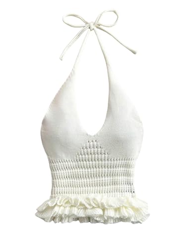 SOLY HUX Damen Neckholder Top Strick Trägertop Elegant Crop Top Ärmellos Partytop Herbst Festival Outfit Strickoberteil mit Rüschen Beige S von SOLY HUX