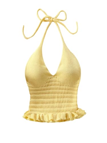 SOLY HUX Damen Neckholder Top Strick Trägertop Elegant Crop Top Ärmellos Partytop Herbst Festival Outfit Strickoberteil mit Rüschen Gelb L von SOLY HUX