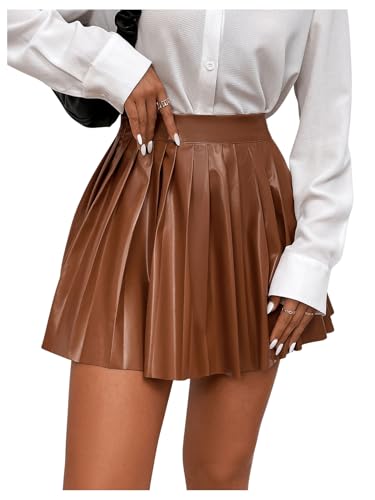 SOLY HUX Damen PU Leder Faltenrock Skater Rock Partyröcke Festival Outfit Minirock Y2K Freizeitrock Plissierter Rock Braun S von SOLY HUX