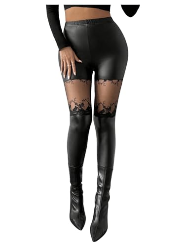 SOLY HUX Damen PU Leder Leggings Casual Hose mit Mesh Stretchhose Party Outfit Legginghose Schmal Hosen Y2K Winterhose Schwarz XL von SOLY HUX