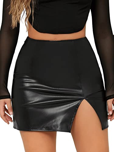 SOLY HUX Damen PU Leder Rock Elegant Röcke Casual Rockabilly Bodycon Freizeitrock Minirock mit Schlitz Schwarz S von SOLY HUX
