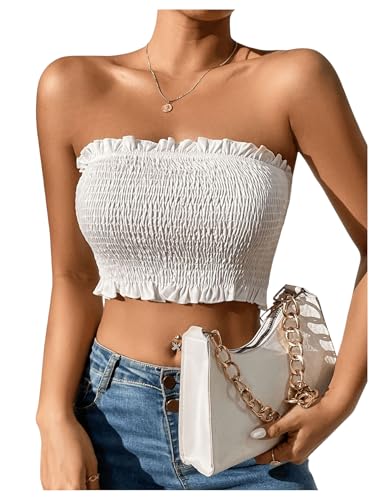 SOLY HUX Damen Petite Crop Tube Top Schulterfrei Oberteil Bauchfrei Trägerlos Sommertop Y2K Bandeau Tops Sommer Croptop Weiß S von SOLY HUX