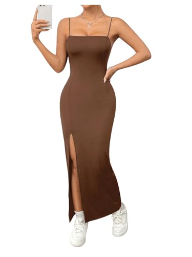 SOLY HUX Damen Petite Figurbetontes Kleid Trägerkleid Elegant Bodycon Camikleid Lang Partykleid Vintage Rockability Kleider mit Schlitz Braun S von SOLY HUX