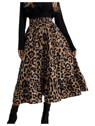 SOLY HUX Damen Rock A Linie Midirock mit Leopardmuster Freizeitrock Elegant Faltenrock Herbst mit Elastischem Bund Braun L von SOLY HUX