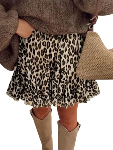 SOLY HUX Damen Rock A-Linie Röcke Leopardenmuster Sommerrock mit Rüschen Kurzer Freizeitrock Ausgestellt Minirock Casualrock Strandrock Partyrock Sommer Outfits Khaki S von SOLY HUX