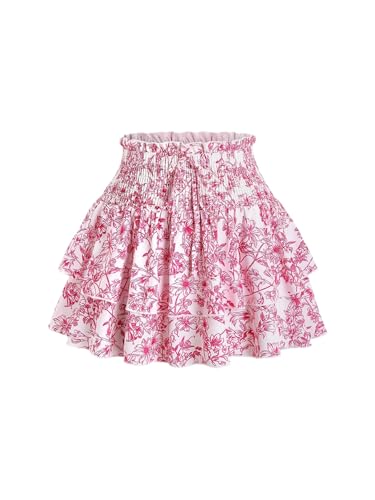 SOLY HUX Damen Rock Blümchenmuster Sommerrock Hohe Taille Minirock A Linie Kurzröcke Mehrlagig Boho-Rock Kurzer Freizeitrock Casualrock Strandrock Sommer Outfit Rosa M von SOLY HUX