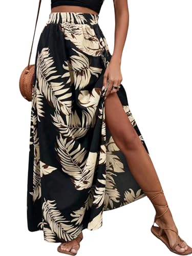 SOLY HUX Damen Rock Boho Sommerrock mit Schlitz Hohe Taille Maxirock Langer Freizeitrock Strandrock Urlaub Casualrock Lange Röcke Strand Outfit Schwarz M von SOLY HUX