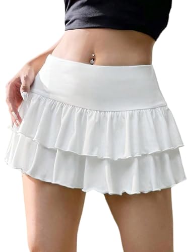 SOLY HUX Damen Rock Drop Waist Minirock Sommer Mehrschichtiger Hosenrock Süßer Sommerrock Kurzer Freizeitrock A Linie Casualrock Strandrock Weiß L von SOLY HUX