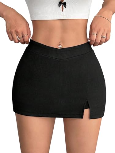 SOLY HUX Damen Rock Elegant Bodycon Minirock Freizeitrock mit Schlitz Bleistifrock Büro Casualrock Strechy Herbstrock Tanzrock Herbst Outfit Schwarz S von SOLY HUX