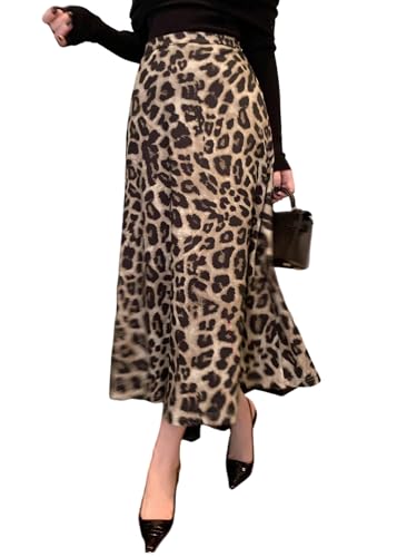 SOLY HUX Damen Rock Elegant Langer Röcke mit Leopard Muster Freizeitrock A Linie Midirock Hohe Taille Partyrock Festival Outfit Leorock Leoparden XL von SOLY HUX