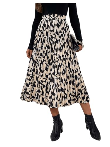 SOLY HUX Damen Elegant Leopardenmuster A-Linien Rock - Langer Plissee Freizeitrock Mit Elastischem Bund - Schwarz L von SOLY HUX
